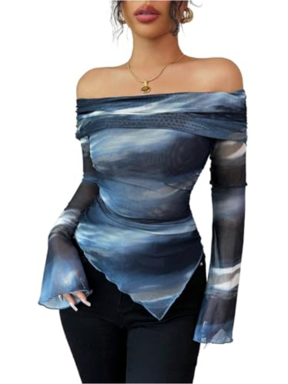 Off Shoulder Tie Dye Mesh Long Sleeve Blouse Y2K Asymmetric Top